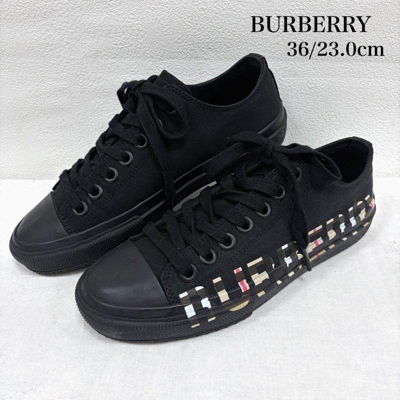 バーバリー BURBERRY スニーカー スニーカー ローカット キャンバス スニーカー ノバチェック 36 ラークホール 23.0cm ロゴ、文字 X プリント X チェック 黒 / ブラック / black X ベージュ / ベージュ / beige レディース USED 古着 中古 50165531