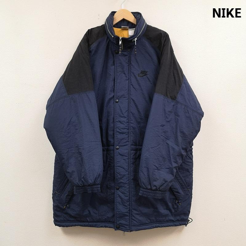 ナイキ NIKE コート ダウンコート 90s ビッグロゴ スウォッシュ 中綿 キルティング 内ポケット ロゴ刺繡 ナイロンジャケット ベンチコート L 紺 / ネイビー / navy メンズ USED 古着 中古 50165562