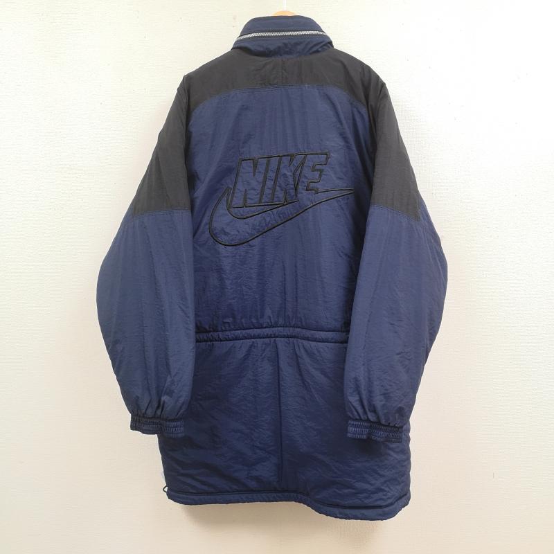 ナイキ NIKE コート ダウンコート 90s ビッグロゴ スウォッシュ 中綿 キルティング 内ポケット ロゴ刺繡 ナイロンジャケット ベンチコート L 紺 / ネイビー / navy メンズ USED 古着 中古 50165562