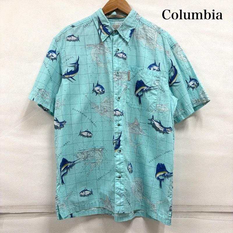 コロンビア Columbia シャツ、ブラウス 半袖 半袖 ロッジ ショート スリーブ シャツ 総柄 プリント 魚 フィッシュ L 総柄 X ロゴ、文字 X プリント 水色 / ライトブルー / メンズ USED 古着 中古 50165566