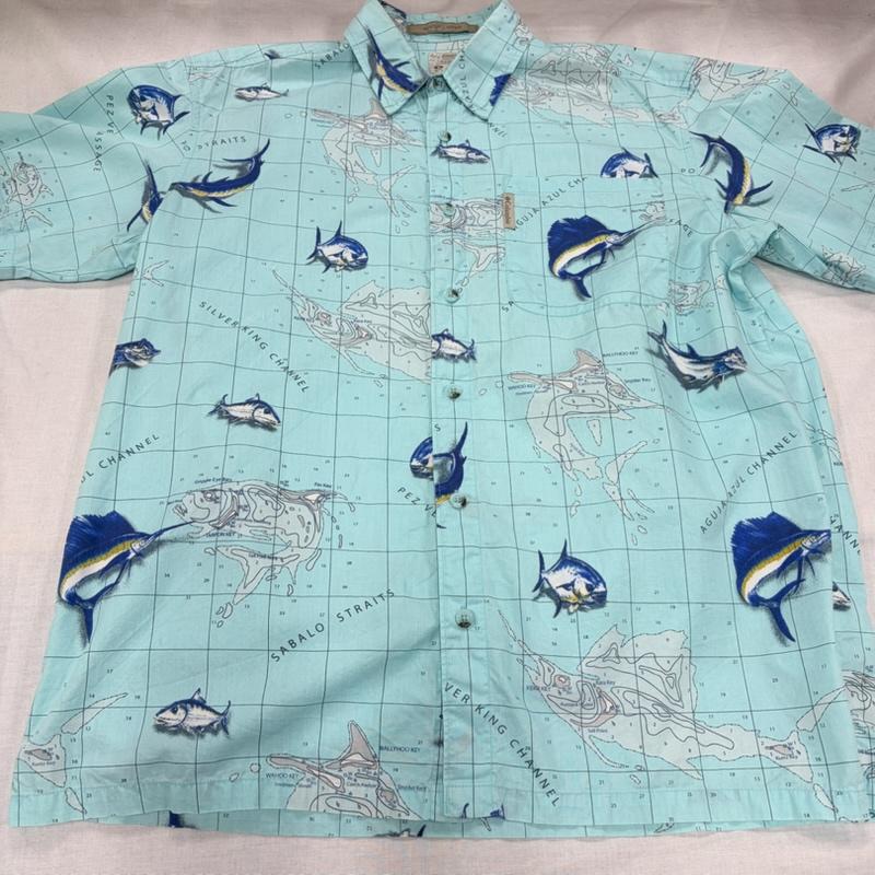 コロンビア Columbia シャツ、ブラウス 半袖 半袖 ロッジ ショート スリーブ シャツ 総柄 プリント 魚 フィッシュ L 総柄 X ロゴ、文字 X プリント 水色 / ライトブルー / メンズ USED 古着 中古 50165566