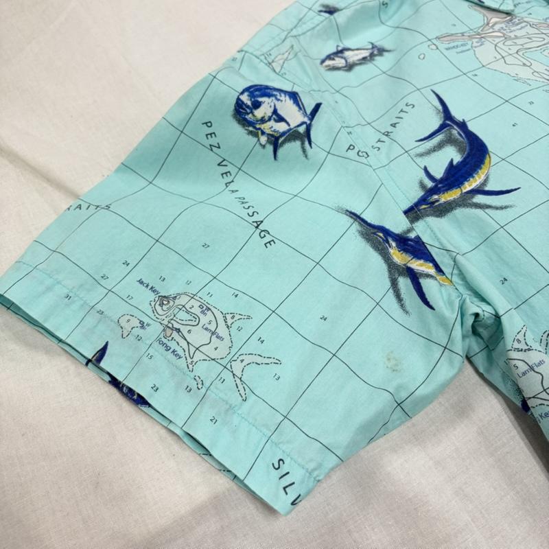 コロンビア Columbia シャツ、ブラウス 半袖 半袖 ロッジ ショート スリーブ シャツ 総柄 プリント 魚 フィッシュ L 総柄 X ロゴ、文字 X プリント 水色 / ライトブルー / メンズ USED 古着 中古 50165566