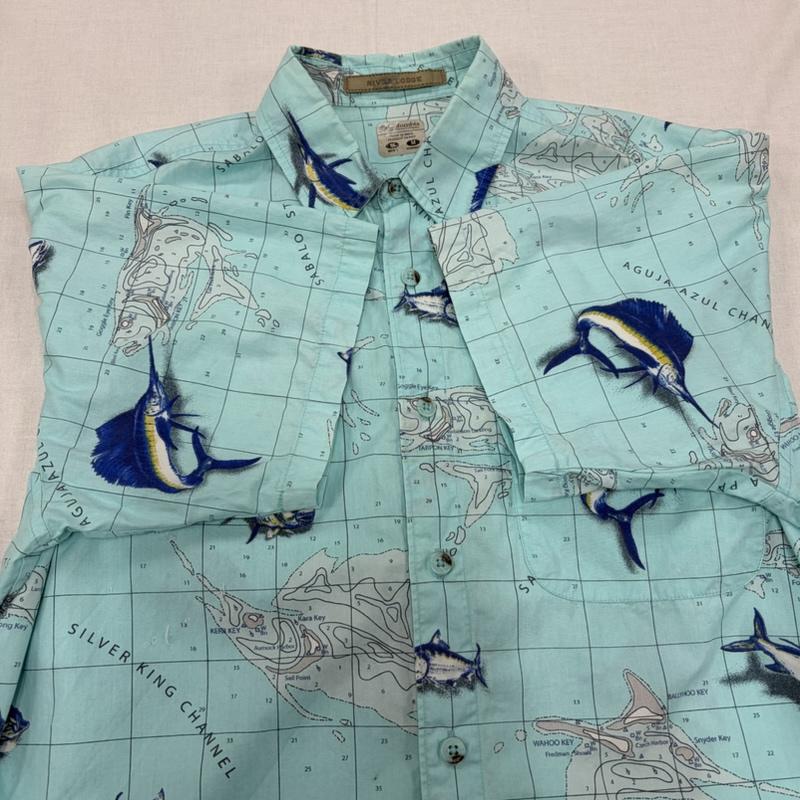 コロンビア Columbia シャツ、ブラウス 半袖 半袖 ロッジ ショート スリーブ シャツ 総柄 プリント 魚 フィッシュ L 総柄 X ロゴ、文字 X プリント 水色 / ライトブルー / メンズ USED 古着 中古 50165566