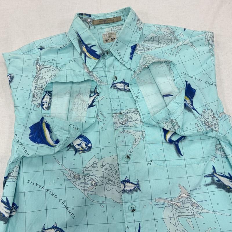 コロンビア Columbia シャツ、ブラウス 半袖 半袖 ロッジ ショート スリーブ シャツ 総柄 プリント 魚 フィッシュ L 総柄 X ロゴ、文字 X プリント 水色 / ライトブルー / メンズ USED 古着 中古 50165566