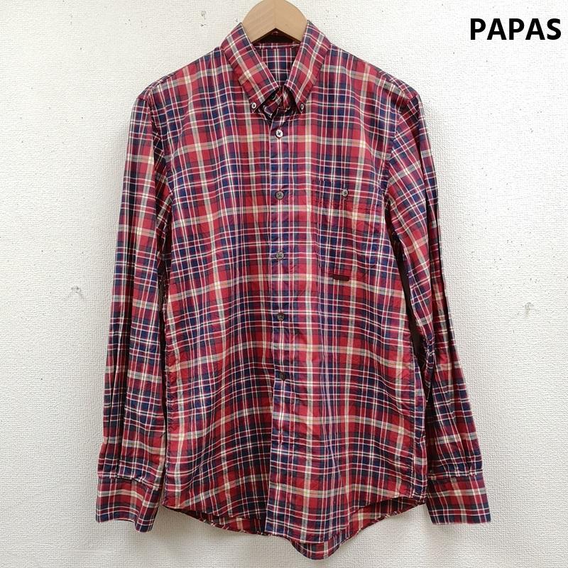 パパス PAPAS シャツ、ブラウス 長袖 日本製 マドラスチェック ネームタグ ラウンドヘム ボタンダウン 長袖シャツ D0444FBC002 S 赤 / レッド / red メンズ USED 古着 中古 50165614