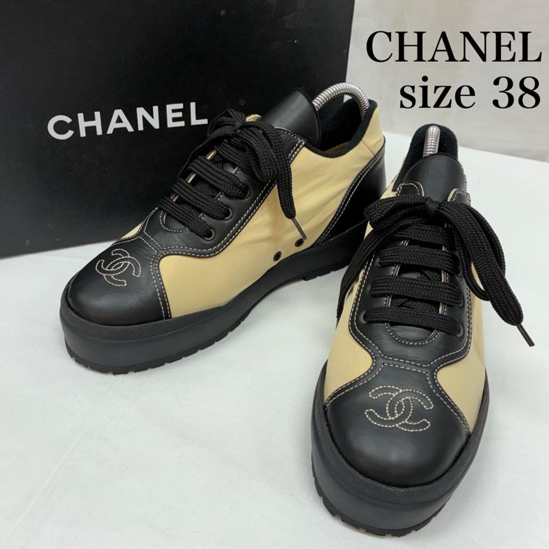 シャネル CHANEL スニーカー スニーカー ココマーク ステッチ ヒール ロゴレザー 切替 厚底 レースアップ スニーカー イタリア製 38 25.0cm レディース USED 古着 中古 50165661