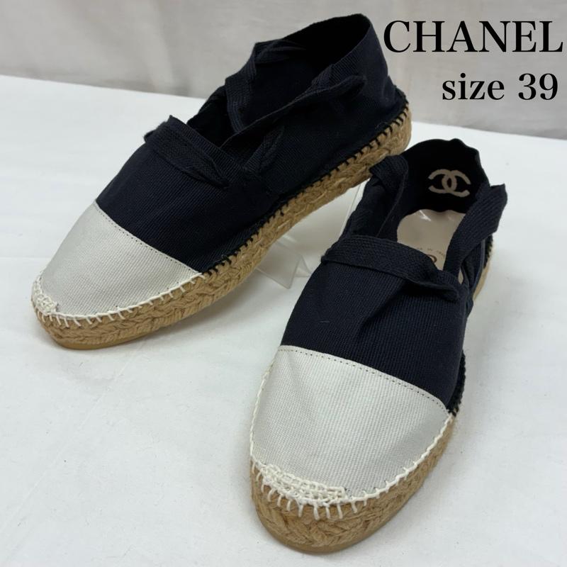 シャネル CHANEL スリッポン スリッポン ヒール ココマーク 刺繍 アンクルリボン エスパドリーユ スリッポン サンダル フランス製 39 25.0cm レディース USED 古着 中古 50165686