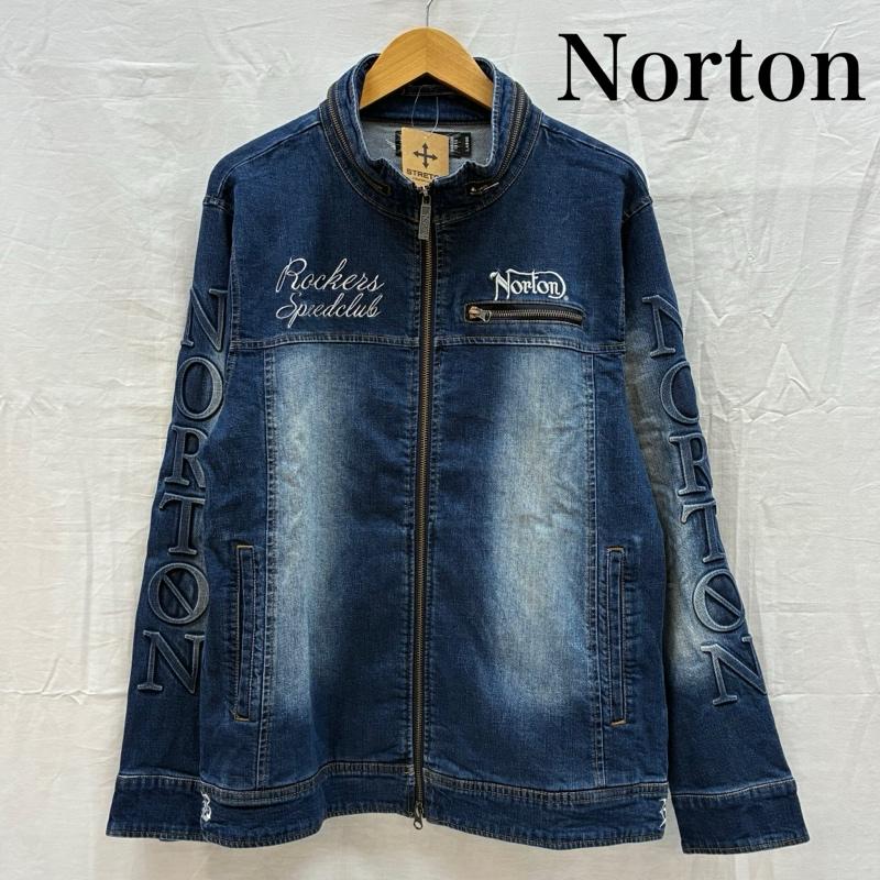 ノートン Norton ジャケット、上着 ジャンパー、ブルゾン エンボスロゴ 刺繍 ウォッシュド ストレッチ デニムジャケット ダブルジップ スタンドカラー L メンズ USED 古着 中古 50165750