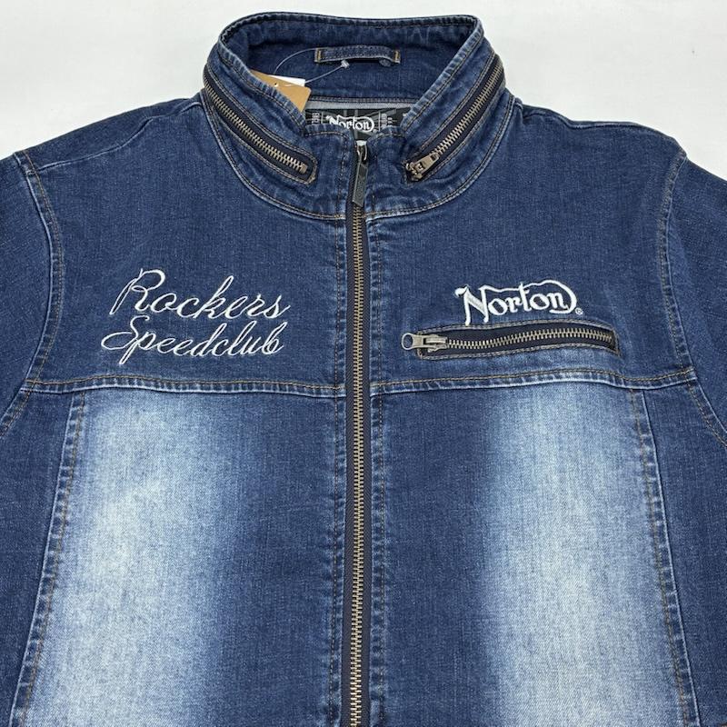 ノートン Norton ジャケット、上着 ジャンパー、ブルゾン エンボスロゴ 刺繍 ウォッシュド ストレッチ デニムジャケット ダブルジップ スタンドカラー L メンズ USED 古着 中古 50165750