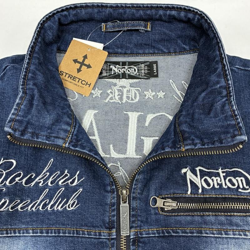 ノートン Norton ジャケット、上着 ジャンパー、ブルゾン エンボスロゴ 刺繍 ウォッシュド ストレッチ デニムジャケット ダブルジップ スタンドカラー L メンズ USED 古着 中古 50165750