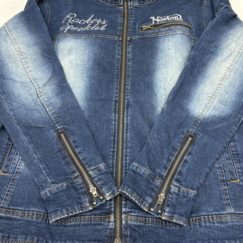 ノートン Norton ジャケット、上着 ジャンパー、ブルゾン エンボスロゴ 刺繍 ウォッシュド ストレッチ デニムジャケット ダブルジップ スタンドカラー L メンズ USED 古着 中古 50165750