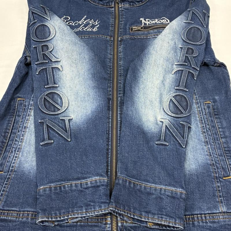 ノートン Norton ジャケット、上着 ジャンパー、ブルゾン エンボスロゴ 刺繍 ウォッシュド ストレッチ デニムジャケット ダブルジップ スタンドカラー L メンズ USED 古着 中古 50165750
