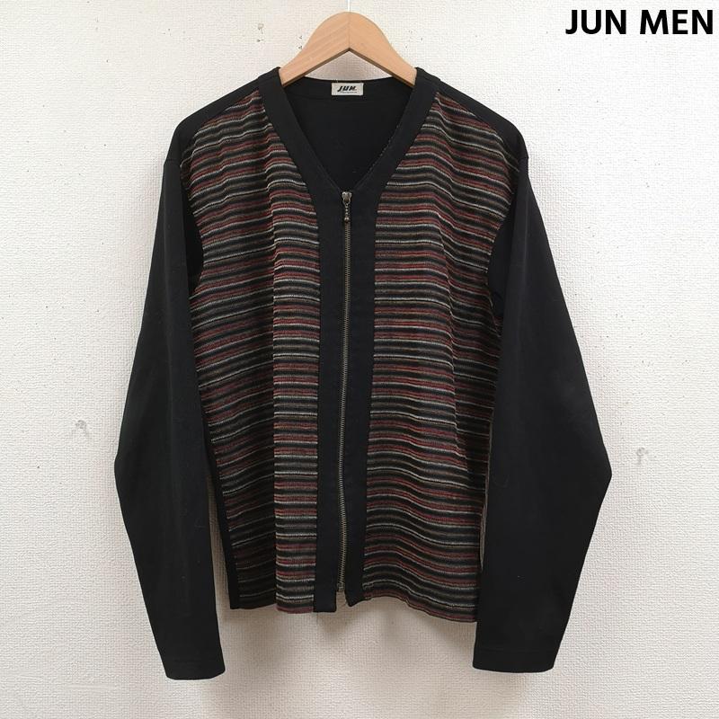 ジュンメン JUNMEN ニット、セーター 長袖 日本製 ストライプ柄 切り替え ジップアップ カーディガン ニットジャケット 黒 / ブラック / black メンズ USED 古着 中古 50165825