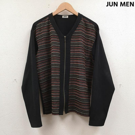 ジュンメン JUNMEN ニット、セーター 長袖 日本製 ストライプ柄 切り替え ジップアップ カーディガン ニットジャケット 黒 / ブラック / black メンズ USED 古着 中古 50165825