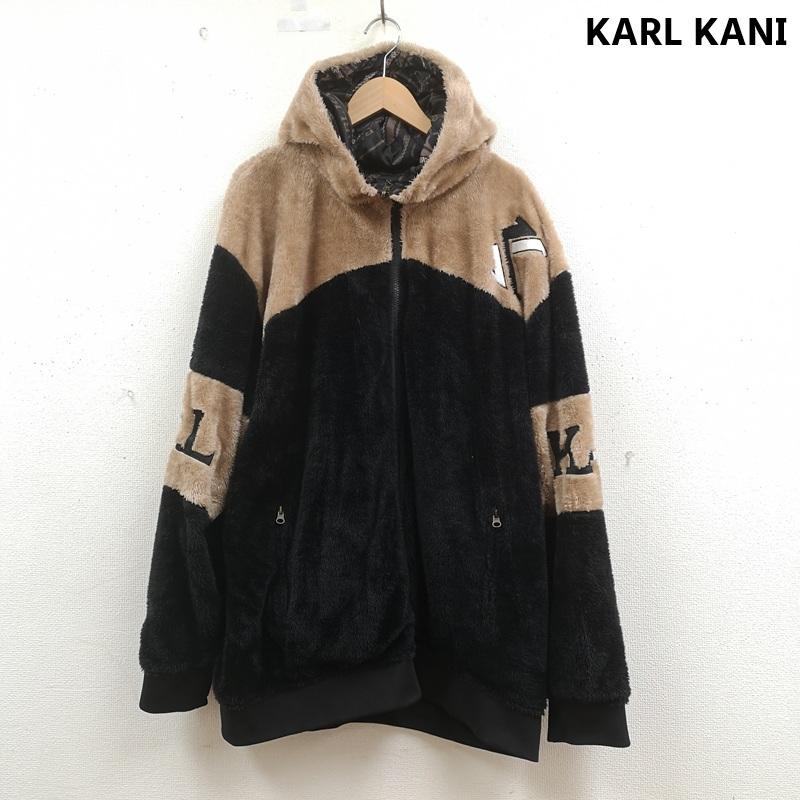 カールカナイ KARL KANI パーカー 長袖 リバーシブル 2WAY 総柄 フェイクファー ボア チェーン 鎖 フルジップパーカー 213K1603 4L 黒 / ブラック / black メンズ USED 古着 中古 50165869