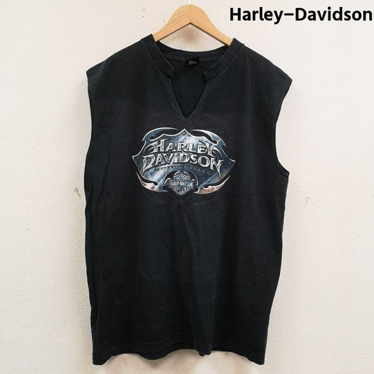 ハーレーダビッドソン Harley-Davidson タンクトップ タンクトップ Vネック カットオフ 切りっぱなし バイカー 3D風 BAR & SHIELD ノースリーブ Tシャツ タンクトップ XL 黒 / ブラック / black メンズ USED 古着 中古 50165893