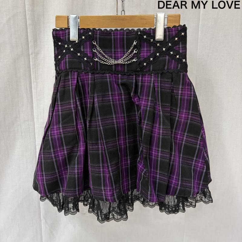 古着 USED スカート ミニスカート DearMyLove ディアマイラブ パープルチェック柄チェーンクロスレーススカート 十字架 クロス スタッズ L チェック 黒 / ブラック / black X 紫 / パープル / purple レディース USED 古着 中古 50165935