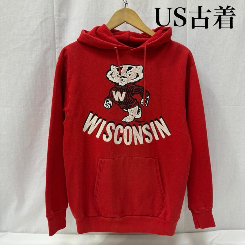 ヴィンテージ VINTAGE パーカー 長袖 sportswear by famous 80s カレッジプリントパーカー WISCONSIN red M USA製 M キャラクター X プリント 赤 / レッド / red メンズ USED 古着 中古 50165960