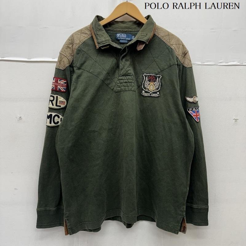 ポロラルフローレン POLO RALPH LAUREN ポロシャツ 長袖 90s モーターサイクル ラガーシャツ ポロシャツ ワッペン エルボーパッチ XXL - カーキオリーブ / カーキオリーブ / メンズ USED 古着 中古 50166014