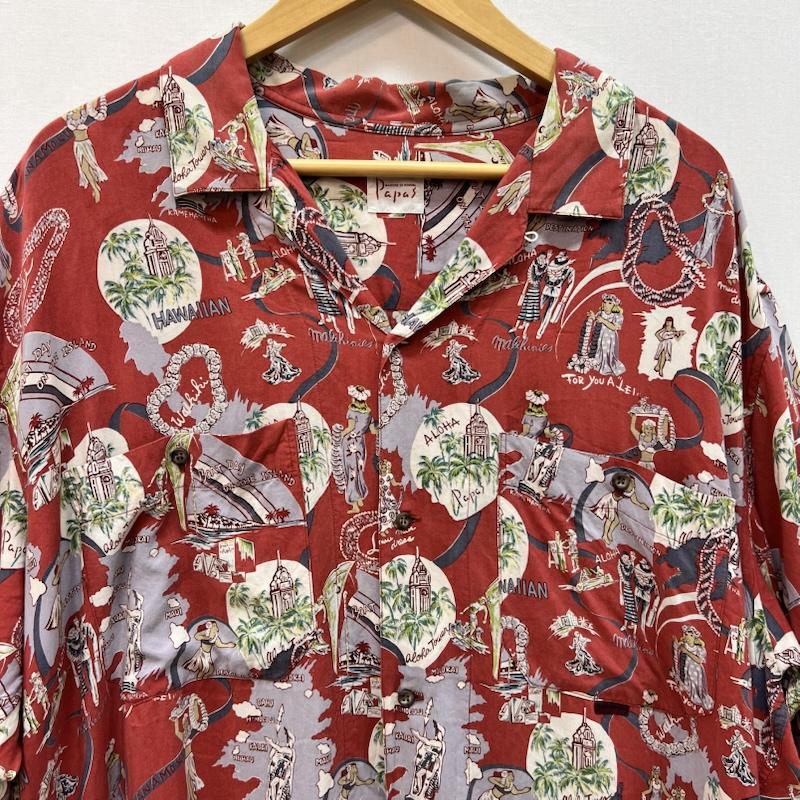 パパス PAPAS シャツ、ブラウス 半袖 フラガール ハワイ柄 レーヨン アロハシャツ L 赤 / レッド / red メンズ USED 古着 中古 50166030