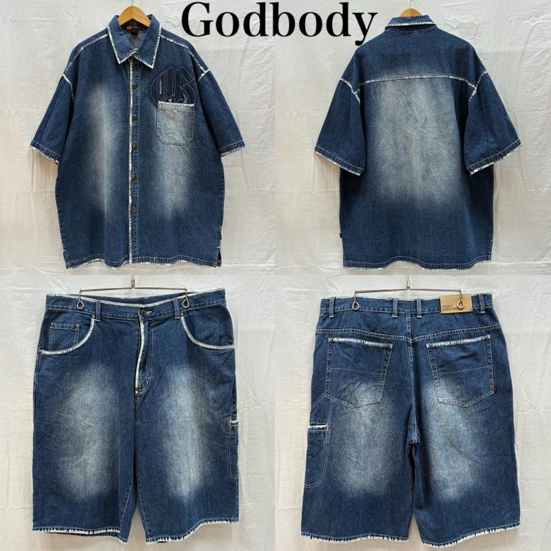 ヴィンテージ VINTAGE シャツ、ブラウス 半袖 GODBODY ゴッドボディ 90s 00s デニム シャツ バギー ショーツ セットアップ XL メンズ USED 古着 中古 50166050