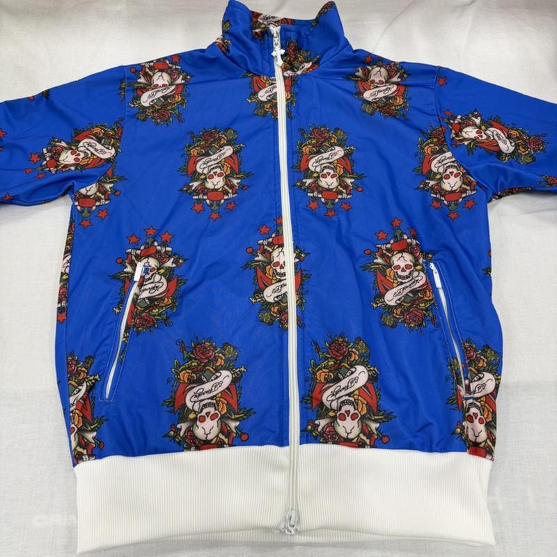 エドハーディー Ed Hardy ジャケット、上着 ジャケット、ブレザー スカル ローズ 総柄 プリント トラックジャケット ダブルジップ ジャージ ユニセックス M 総柄 X ロゴ、文字 X プリント 青 / ブルー / blue X 赤 / レッド / red X 白 / ホワイト / white メンズ USED 古着 中古 50166116