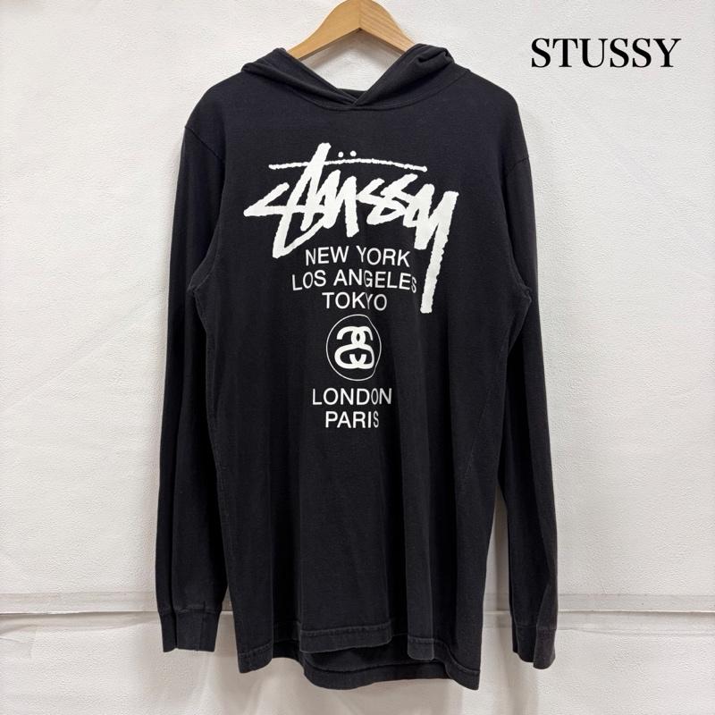 ステューシー STUSSY パーカー 長袖 ワールドツアー 両面 プリント 薄手 ロゴ パーカー フーデッド 長袖 カットソー M ロゴ、文字 X プリント 黒 / ブラック / black X 白 / ホワイト / white メンズ USED 古着 中古 50166119