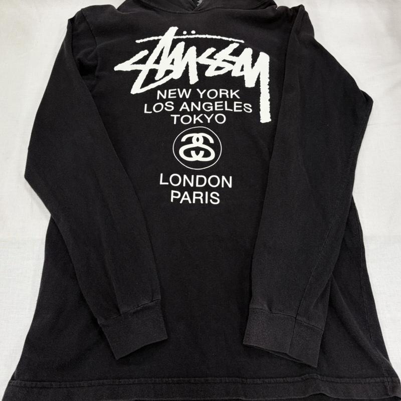 ステューシー STUSSY パーカー 長袖 ワールドツアー 両面 プリント 薄手 ロゴ パーカー フーデッド 長袖 カットソー M ロゴ、文字 X プリント 黒 / ブラック / black X 白 / ホワイト / white メンズ USED 古着 中古 50166119