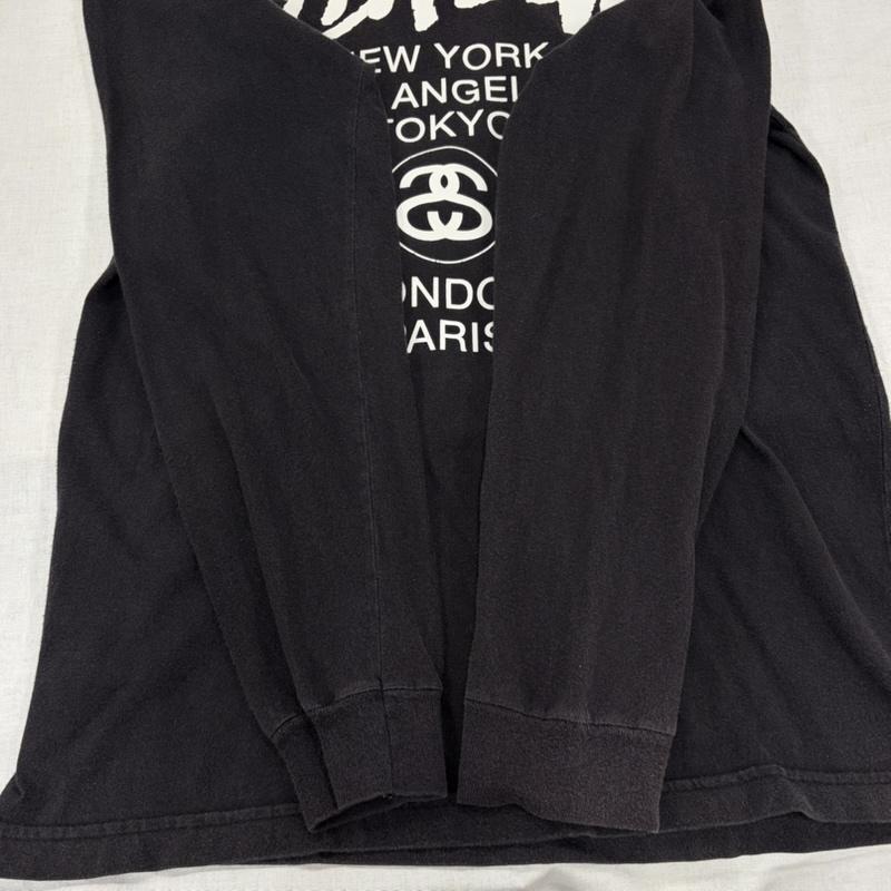 ステューシー STUSSY パーカー 長袖 ワールドツアー 両面 プリント 薄手 ロゴ パーカー フーデッド 長袖 カットソー M ロゴ、文字 X プリント 黒 / ブラック / black X 白 / ホワイト / white メンズ USED 古着 中古 50166119