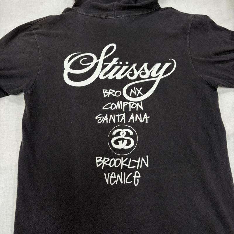 ステューシー STUSSY パーカー 長袖 ワールドツアー 両面 プリント 薄手 ロゴ パーカー フーデッド 長袖 カットソー M ロゴ、文字 X プリント 黒 / ブラック / black X 白 / ホワイト / white メンズ USED 古着 中古 50166119