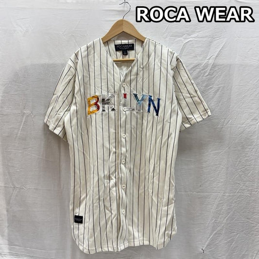ロカウェア ROCAWEAR シャツ、ブラウス 半袖 BKLYN 99 ロゴ ピンストライプ ベースボール シャツ 半袖 L ストライプ メンズ USED 古着 中古 50166188