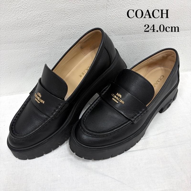 コーチ COACH ローファー ローファー ルーシー 厚底 ローファー レザー ロゴ 24.0cm ワンポイント X ロゴ、文字 黒 / ブラック / black X 金 / ゴールド / gold color レディース USED 古着 中古 50166234