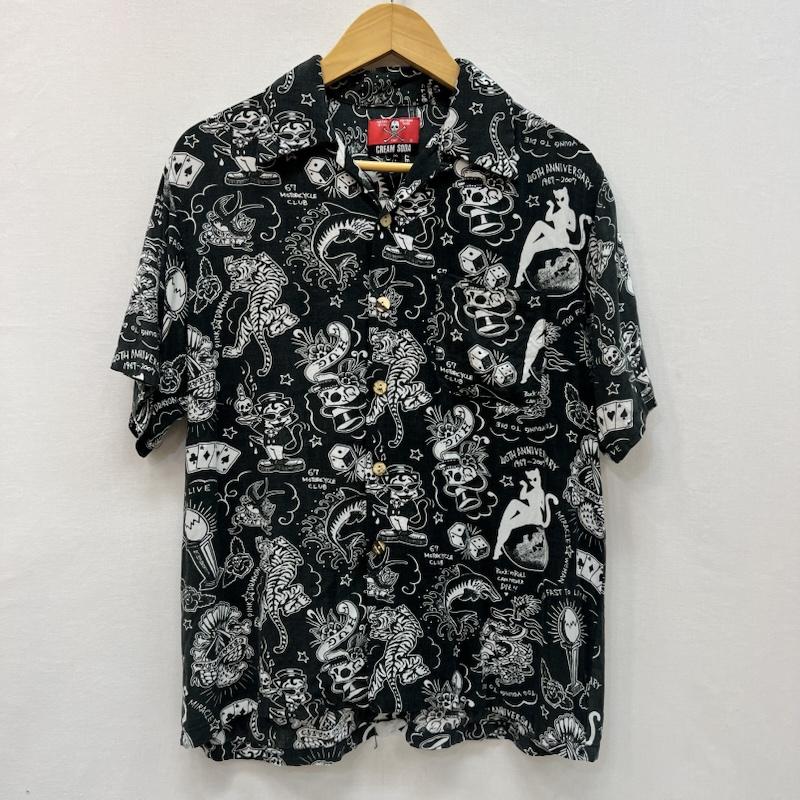 クリームソーダ CREAMSODA シャツ、ブラウス 半袖 40周年 レーヨン アロハシャツ ロカビリー ピンクドラゴン M 黒 / ブラック / black メンズ USED 古着 中古 50166245
