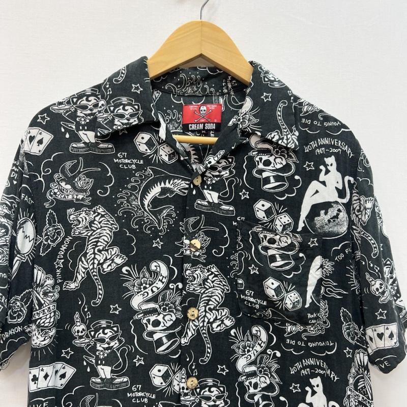 クリームソーダ CREAMSODA シャツ、ブラウス 半袖 40周年 レーヨン アロハシャツ ロカビリー ピンクドラゴン M 黒 / ブラック / black メンズ USED 古着 中古 50166245