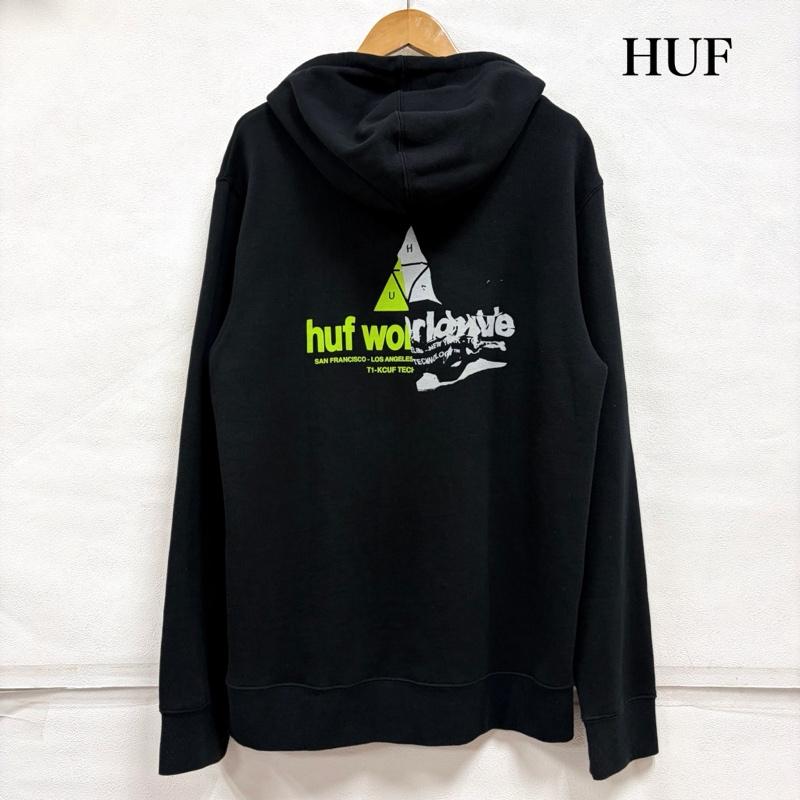 ハフ HUF パーカー 長袖 スウェット プルオーバー フーディー パーカー トライアングル ロゴ 両面 プリント 裏起毛 M ロゴ、文字 X プリント 黒 / ブラック / black X 黄緑 / イエローグリーン / X 灰 / グレー / gray メンズ USED 古着 中古 50166317