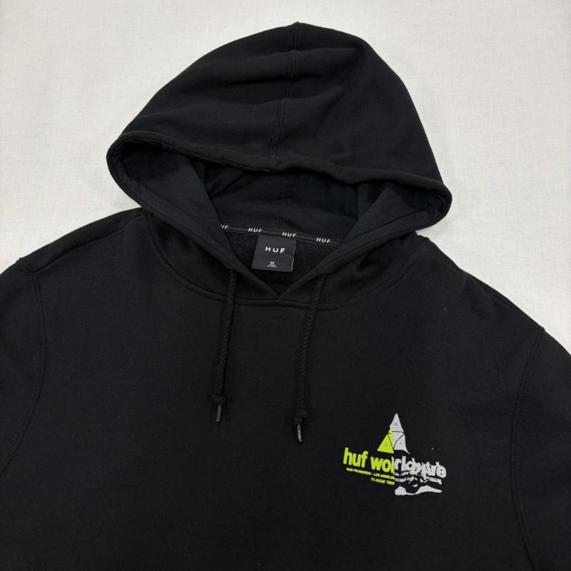 ハフ HUF パーカー 長袖 スウェット プルオーバー フーディー パーカー トライアングル ロゴ 両面 プリント 裏起毛 M ロゴ、文字 X プリント 黒 / ブラック / black X 黄緑 / イエローグリーン / X 灰 / グレー / gray メンズ USED 古着 中古 50166317