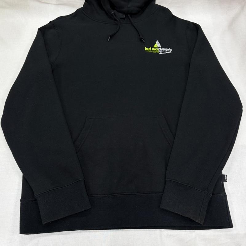 ハフ HUF パーカー 長袖 スウェット プルオーバー フーディー パーカー トライアングル ロゴ 両面 プリント 裏起毛 M ロゴ、文字 X プリント 黒 / ブラック / black X 黄緑 / イエローグリーン / X 灰 / グレー / gray メンズ USED 古着 中古 50166317