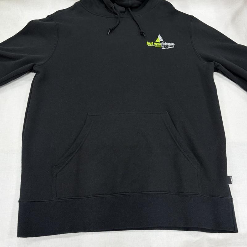 ハフ HUF パーカー 長袖 スウェット プルオーバー フーディー パーカー トライアングル ロゴ 両面 プリント 裏起毛 M ロゴ、文字 X プリント 黒 / ブラック / black X 黄緑 / イエローグリーン / X 灰 / グレー / gray メンズ USED 古着 中古 50166317