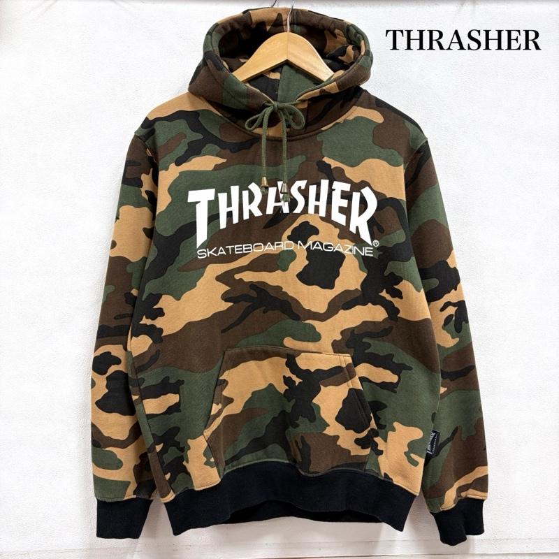 スラッシャー THRASHER パーカー 長袖 カモフラ 迷彩 ロゴ 両面プリント スウェット プルオーバー フーディー パーカー 裏起毛 L カモフラージュ柄・迷彩 X ロゴ、文字 X プリント カーキ / カーキ / khaki X 白 / ホワイト / white メンズ USED 古着 中古 50166319