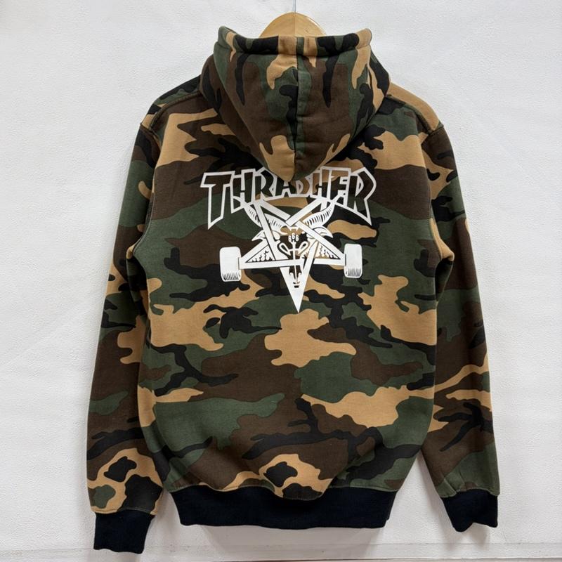 スラッシャー THRASHER パーカー 長袖 カモフラ 迷彩 ロゴ 両面プリント スウェット プルオーバー フーディー パーカー 裏起毛 L カモフラージュ柄・迷彩 X ロゴ、文字 X プリント カーキ / カーキ / khaki X 白 / ホワイト / white メンズ USED 古着 中古 50166319