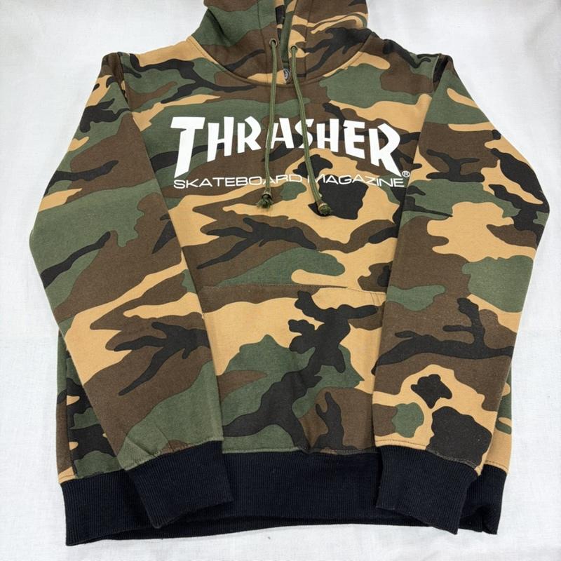 スラッシャー THRASHER パーカー 長袖 カモフラ 迷彩 ロゴ 両面プリント スウェット プルオーバー フーディー パーカー 裏起毛 L カモフラージュ柄・迷彩 X ロゴ、文字 X プリント カーキ / カーキ / khaki X 白 / ホワイト / white メンズ USED 古着 中古 50166319
