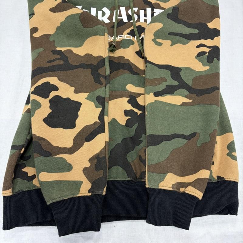 スラッシャー THRASHER パーカー 長袖 カモフラ 迷彩 ロゴ 両面プリント スウェット プルオーバー フーディー パーカー 裏起毛 L カモフラージュ柄・迷彩 X ロゴ、文字 X プリント カーキ / カーキ / khaki X 白 / ホワイト / white メンズ USED 古着 中古 50166319