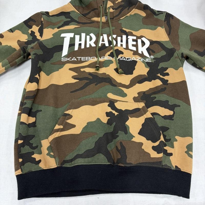 スラッシャー THRASHER パーカー 長袖 カモフラ 迷彩 ロゴ 両面プリント スウェット プルオーバー フーディー パーカー 裏起毛 L カモフラージュ柄・迷彩 X ロゴ、文字 X プリント カーキ / カーキ / khaki X 白 / ホワイト / white メンズ USED 古着 中古 50166319