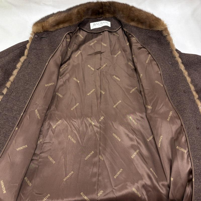 バルマン BALMAIN コート コート一般 カシミヤ シルク ファー ロングコート 11号 ロゴボタン 11号 無地 茶 / ブラウン / brown レディース USED 古着 中古 50166323