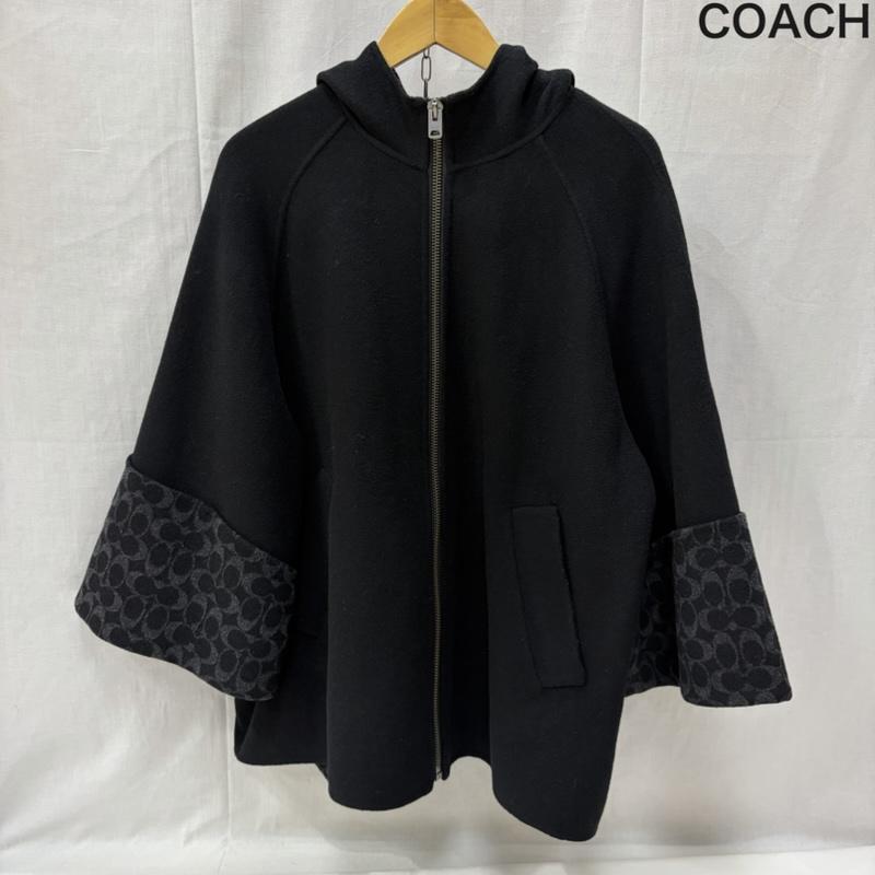 コーチ COACH ジャケット、上着 ポンチョ ウール ケープ シグネチャー 切替 フーデッド ハーフコート CL278 ポンチョ風 - 無地 X ロゴ、文字 黒 / ブラック / black レディース USED 古着 中古 50166351