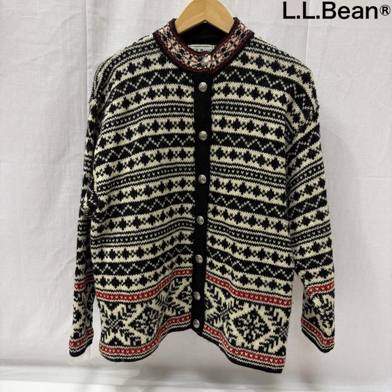 エルエルビーン L.L.Bean カーディガン 長袖 90s USA製 フェアアイル柄 チロリアン カーディガン S S 総柄 黒 / ブラック / black X 白 / ホワイト / white X 赤 / レッド / red レディース USED 古着 中古 50166357