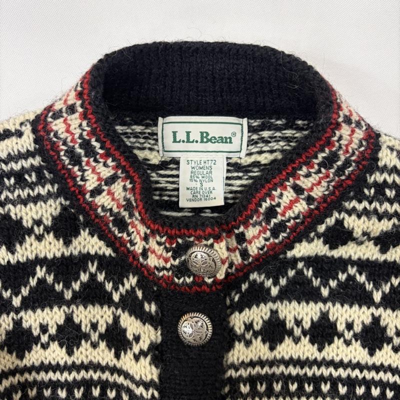 エルエルビーン L.L.Bean カーディガン 長袖 90s USA製 フェアアイル柄 チロリアン カーディガン S S 総柄 黒 / ブラック / black X 白 / ホワイト / white X 赤 / レッド / red レディース USED 古着 中古 50166357