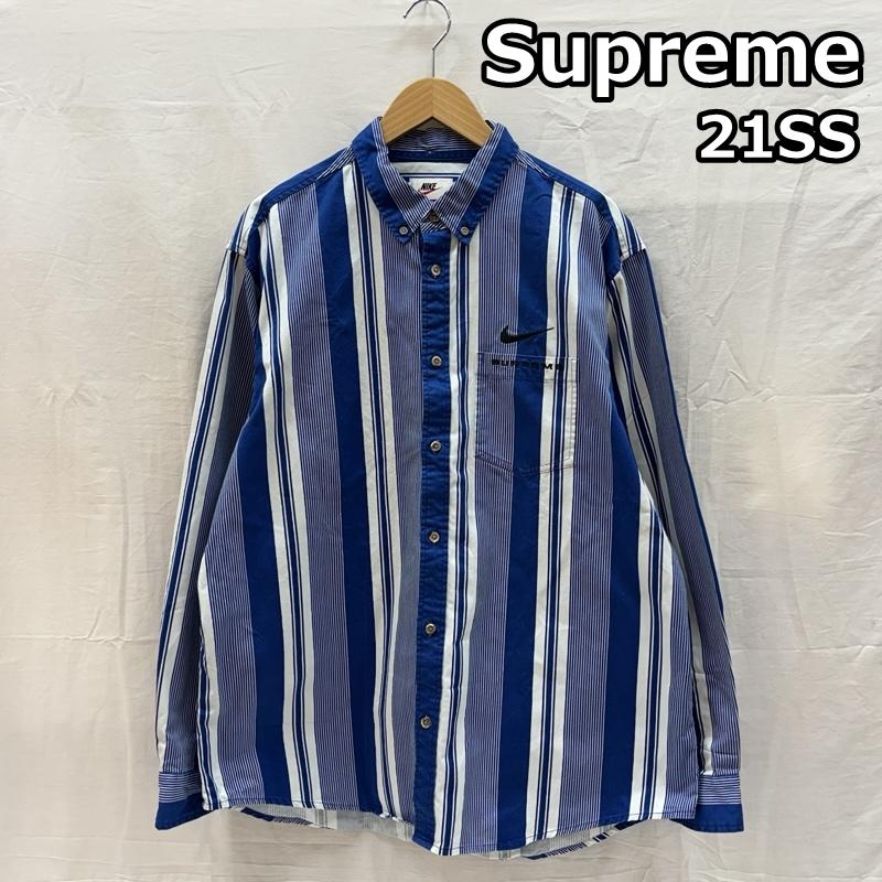 シュプリーム Supreme シャツ、ブラウス 長袖 NIKE ナイキ コラボ 21SS Cotton Twill Shirt ストライプ コットンツイル シャツ DB0499-431 L ストライプ 白 / ホワイト / white X 青 / ブルー / blue メンズ USED 古着 中古 50166366