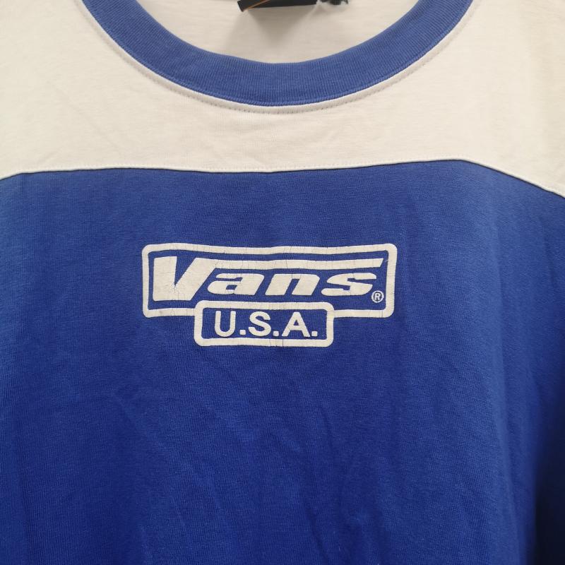 バンズ VANS Tシャツ 長袖 90s USA製 2トーンカラー 切り替え 旧ロゴ 長袖 Tシャツ L 白 / ホワイト / white X 青 / ブルー / blue メンズ USED 古着 中古 50166404