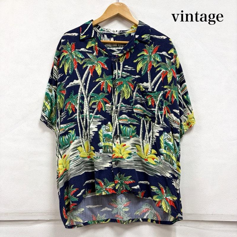 ヴィンテージ VINTAGE シャツ、ブラウス 半袖 80s ヴィンテージ 半袖 アロハシャツ かりゆしウェア hawaiian シングルステッチ ヤシの木 トロピカル プリント - 総柄 X プリント 紺 / ネイビー / navy X マルチカラー / マルチカラー / multicolor メンズ USED 古着 中古 50166408